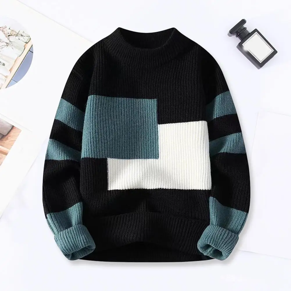 

Fall Winter Men Sweater Colorblock Knitted Sweater Thick Loose Warm O Neck Soft Pullover Elastic Men Sweater