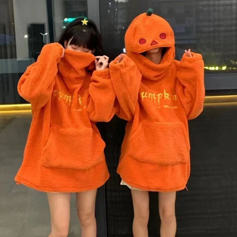 American Retro Pumpkin Head Hoodide For Men Women Winter Lamb Plush Orange Sweatshirt Loose Thickened Warm Couple Halloween Gift