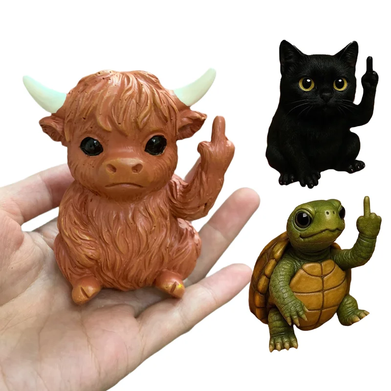 Funny Highland Cattle Middle Finger Animal Statue Mini Cute Cat Figurine Desktop Ornament Resin Turtle Sculpture  Home Office