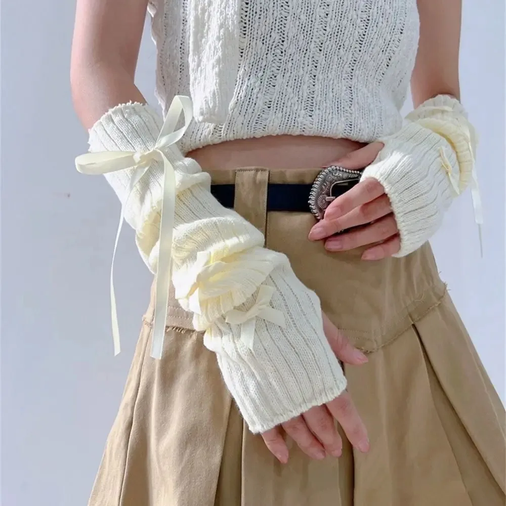 Weiche elastische gestrickte Schleife Armstulpen Ballett-Stil warme halbe Finger lange Handschuhe koreanischen Stil Y2K lange Handgelenk-Handschuhe Mädchen