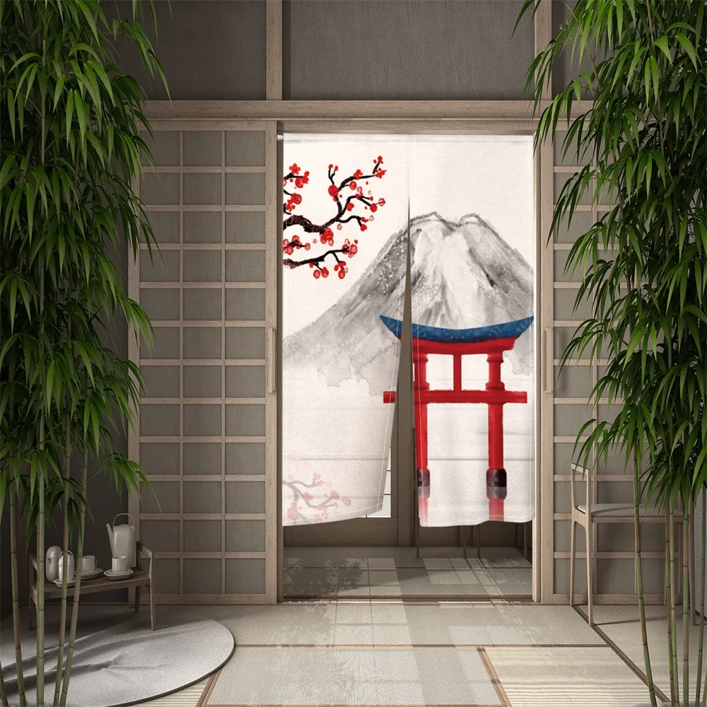 Japanese Style Ink Painting Door Curtain Tradition Retro Fuji Mountain Cherry Blossom Bedroom Partition Kithchen Divider Curtain