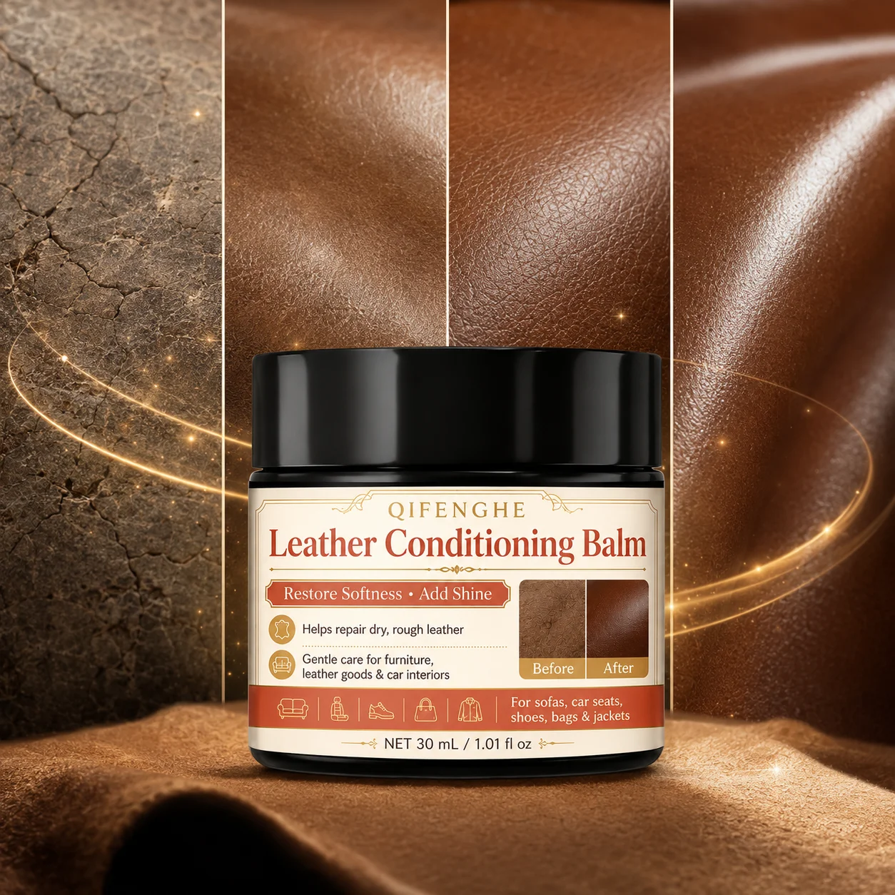 30ml Leather Restorer Balm - Deeply Conditions, Repairs Cracks & Revives Dull Sofa, Car Seats, Handbags