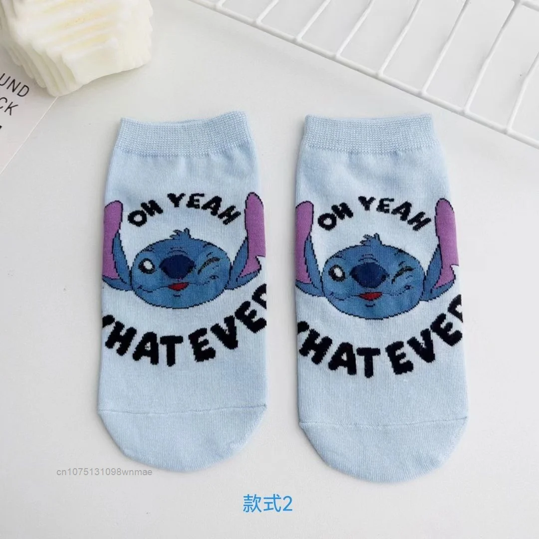 Disney-Stitch Boat Socks for Girls, Pure Cotton, Cute Cartoon Sports Personality, Trendy Short Socks, Spring and Summer, 5 Pairs