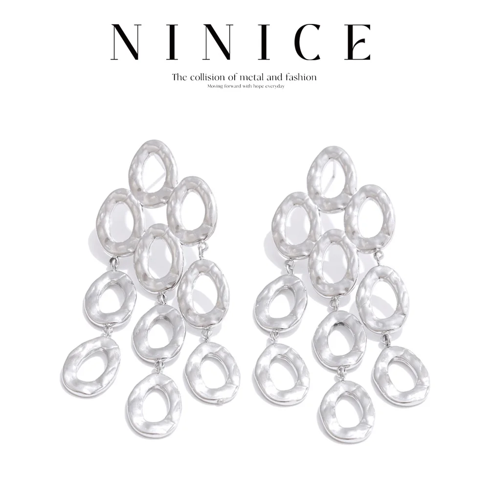 NiNice Earrings Stainless Steel for Women Circle Link Pendant Fashionable Design Exaggerated Personality Heavy Industry New Gift