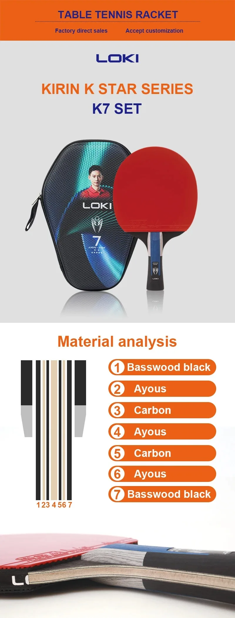 LOKI KIRIN K7 FL Tischtennisschläger aus Kohlefaser Vorgefertigter Ping-Pong-Schläger mit RXTON 3 Pips-in Gummi ITTF-Zertifiziert – Detail 6