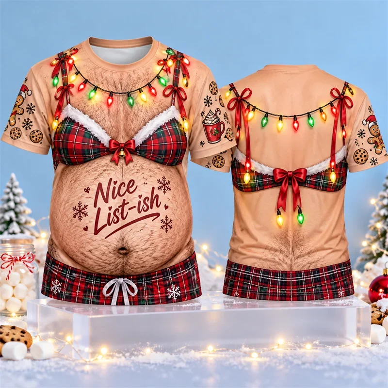 2026 Christmas printed plush bib T-shirt, new men's short-sleeve T-shirt, fun 3D embossed print, a must-have for holiday parties