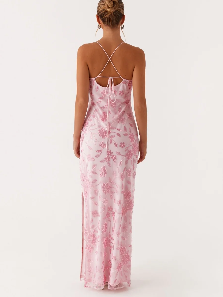 Vestido largo ajustado con tirantes finos y lentejuelas con purpurina y diamantes de imitación y flores con cuentas brillantes para mujer