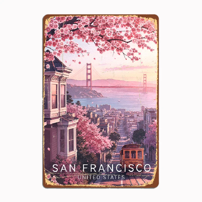 Vintage San Francisco Cherry Blossom Travel Poster Metal Custom Sign Living Room Wall Indoor Room Decoration Bedroom Home Decor
