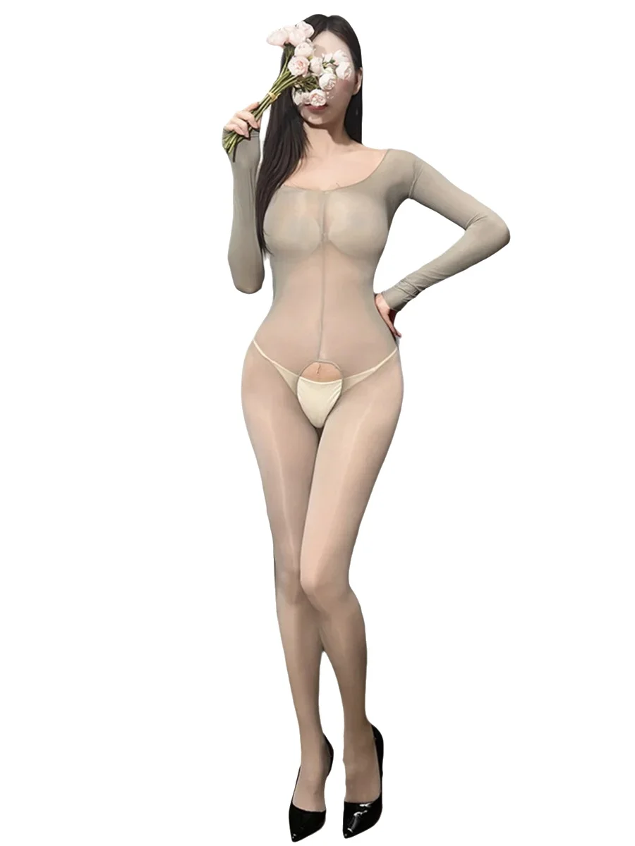 Sexy Glossy Stockings Shiny Sexy Gray Silk Thin Lingerie One-piece Pajamas Long Sleeve Open Crotch Backless High Stretch MFG5