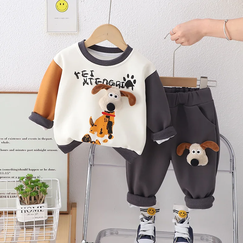 2024 Boys Spring New Sweater Set for Children Korean Spring Fashion Baby Cartoon Long sleeved Two Piece Set