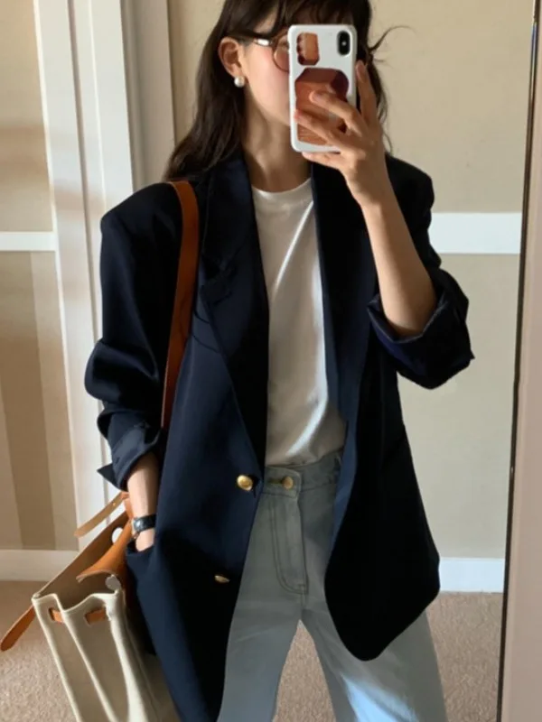 

Retro Chic Women's Suit Jaet Metal Bule Versatile Autumn Winter Faion Korean Sle Office Wear Unique Design