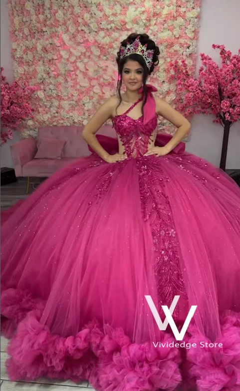 

Luxury Hot Pink Quinceanera Dress Sweet Princess Sequins Fluffy A-Line Dress for 15th 16th Girls’ Celebration Customized
