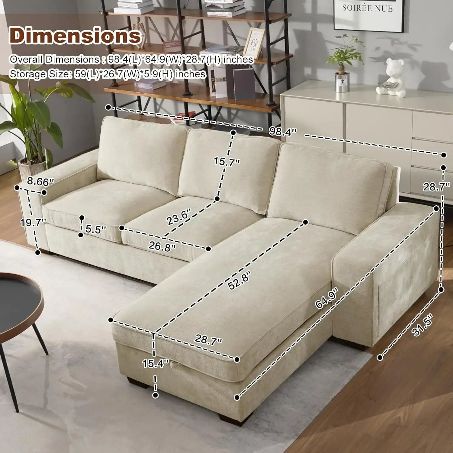 99” L-Shape Convertible Sectional Couches Sofas with 190L Storage Chaise,Chenilee Upholstered Sofas with Removable Cushion and D