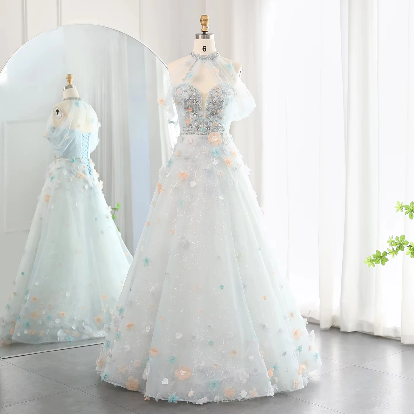 Customized Baby Blue 3D Flowers Luxury Evening Dress With Cape Sleeves Saudi Arabia Women Wedding Party Gowns Lsz538