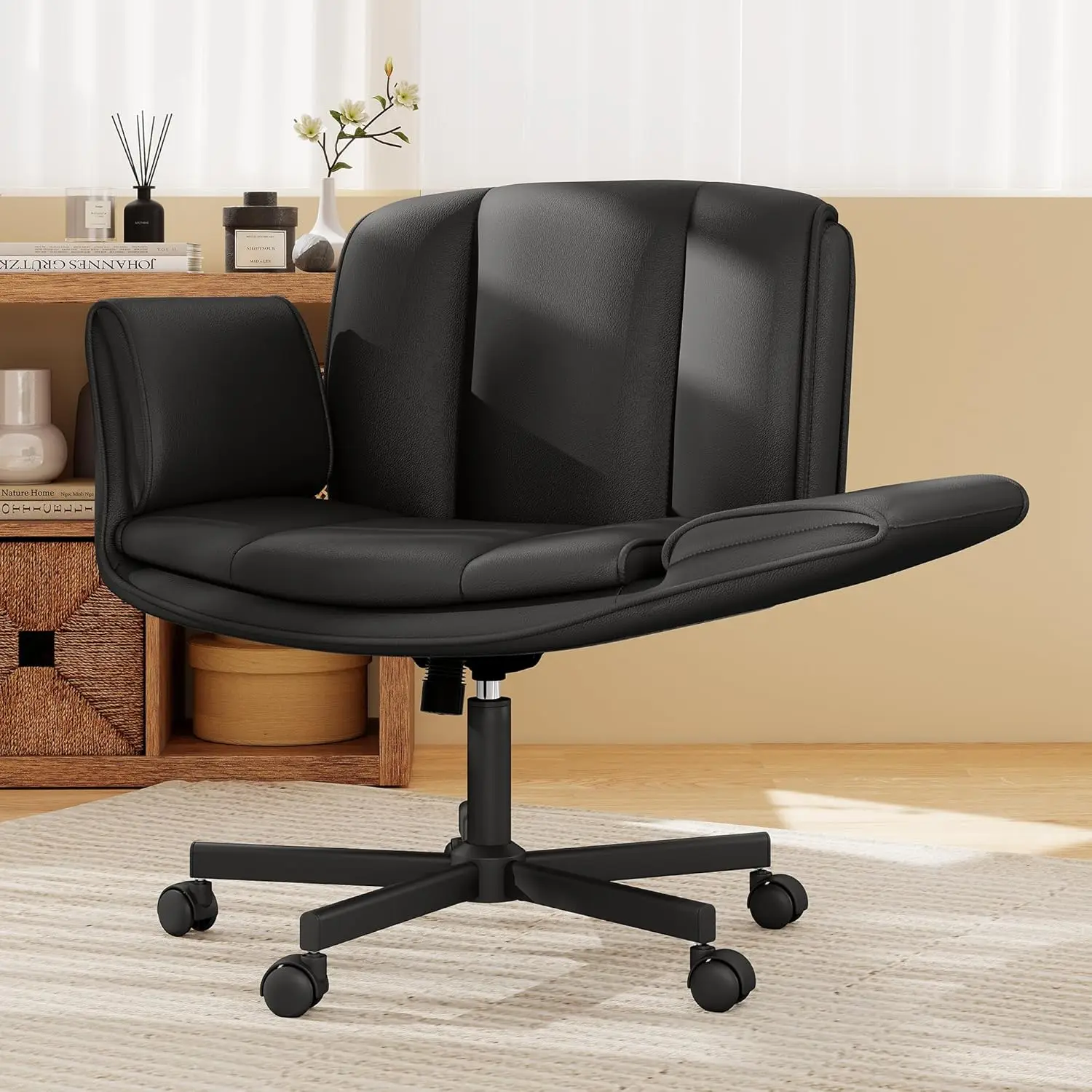 

Criss Cross Chair Wheels Armrests Wide PU Leather Height Adjustable Office Desk Vanity Home Makeup, Customized