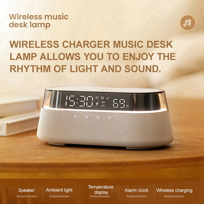 ABSJ-altavoz Bluetooth estéreo, batería de 1800Mah, compatible con carga inalámbrica de 15W, pantalla de reloj Digital, luz nocturna, lámpara de escritorio