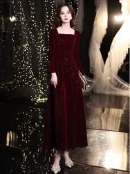 Long Sleeve Evening Dresses For Women Elegant Square Neck A-Line Ankle-Length Wine Red Velvet Formal Gowns