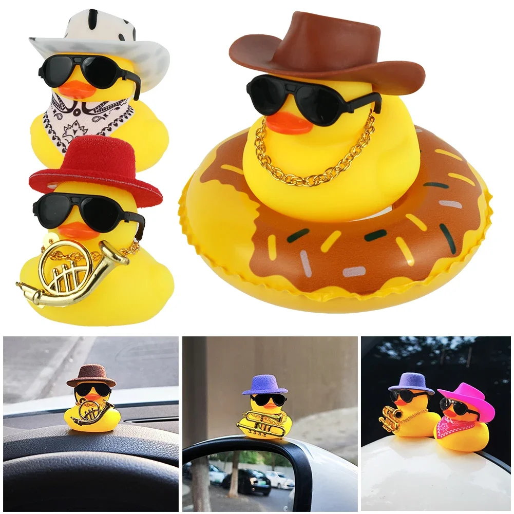 Mini Rubber Duck Car Ornaments Dashboard Interior Decor Cowboy Hat Duck With Scarf Sunglasses Kids Toys Gifts Car Accessories