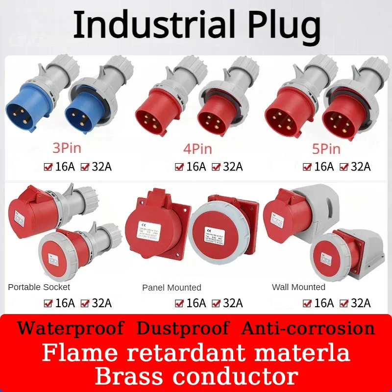 

Industrial Plug 3P/4P/5Pin Electrical Connector 16A/32A IP44/IP67 Waterproof Wall Mounted Socket MALE FEMALE Panel Concealed