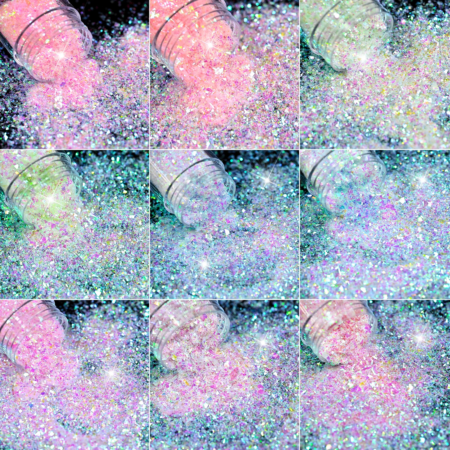 

9pcs Opal Iridescent Nail Glitter Flakes Holographic Chunky Shiny Mermaid Pastel Sequins Nail Powder for Salon & Home Manicure *