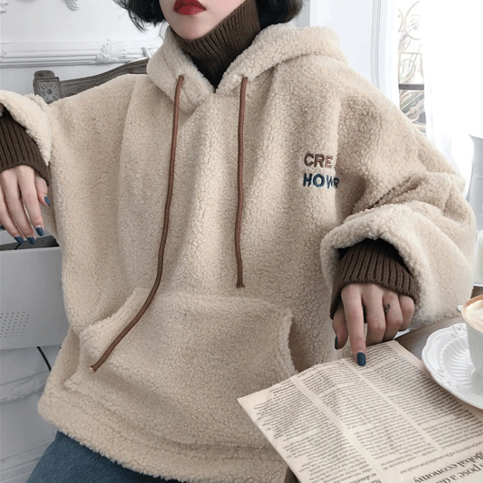 Lamb Wool Hoodies Women\'s Autumn Winter Korean Style Loose Hooded Sweatshirts Long Sleeve Pullover Patch Pocket Warm Jacket