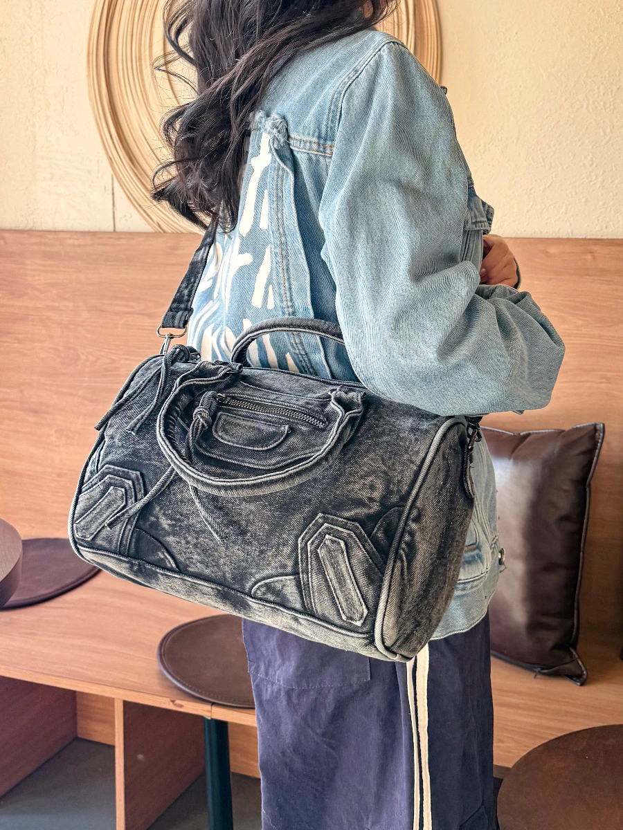 

Heavy Du Waed Denim Motorcycle Bag Large Capaci Women's Bag American Retro Sle oulder Handbag Soft Handle