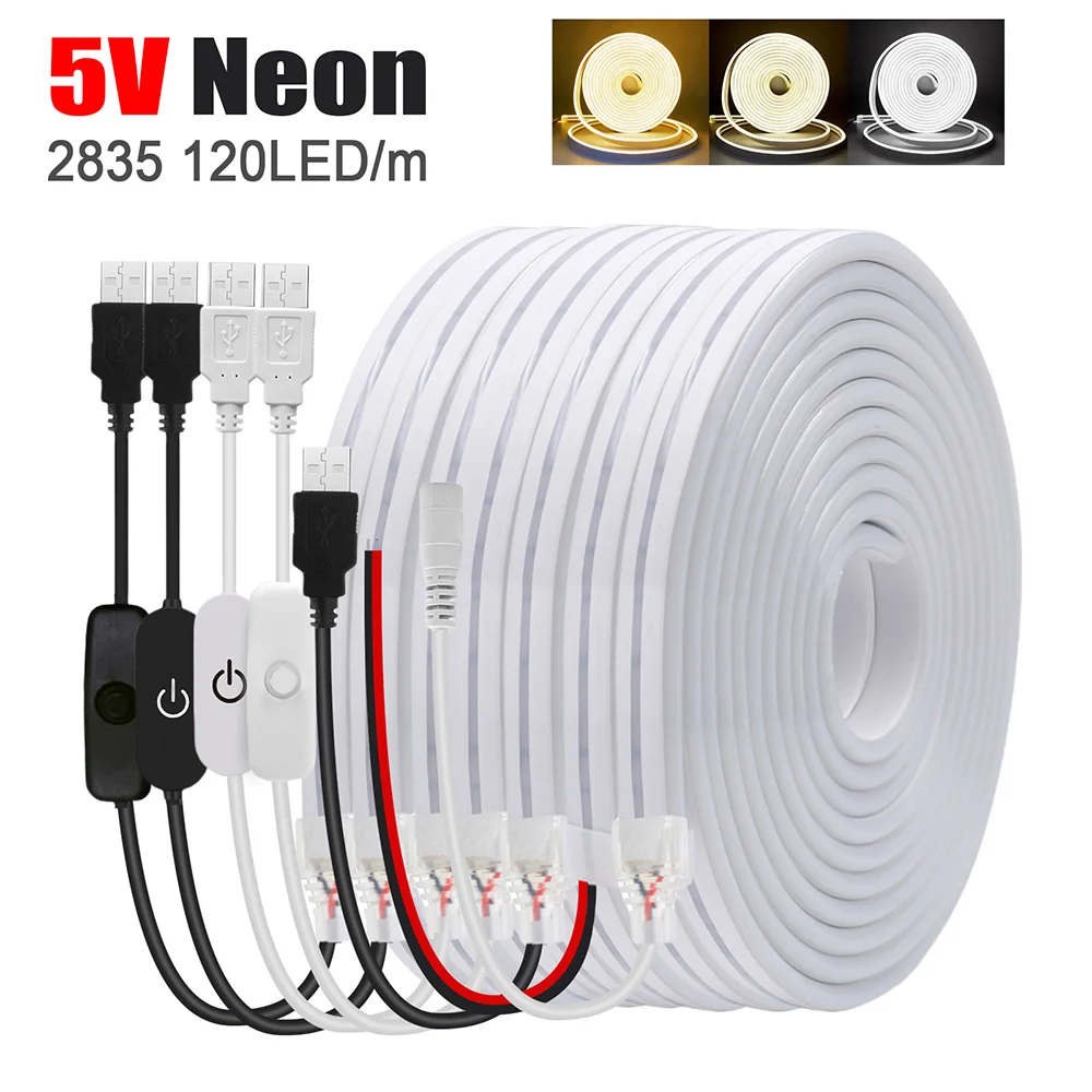 5V Neon LED USB listwa oświetleniowa z możliwością przyciemniania, elastyczna lampa Neon 2835 120LED/m ze ściemniaczem/przełącznikiem 0.5m 1m 2m 3m