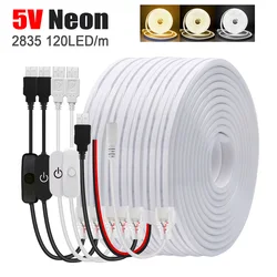 5V Neon LED USB listwa oświetleniowa z możliwością przyciemniania, elastyczna lampa Neon 2835 120LED/m ze ściemniaczem/przełącznikiem 0.5m 1m 2m 3m DIY deortion