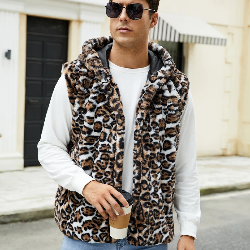 

Мужской модный зимний жилет, мужская верхняя одежда, короткий жилет с леопардовым узором и карманами, S-2XL