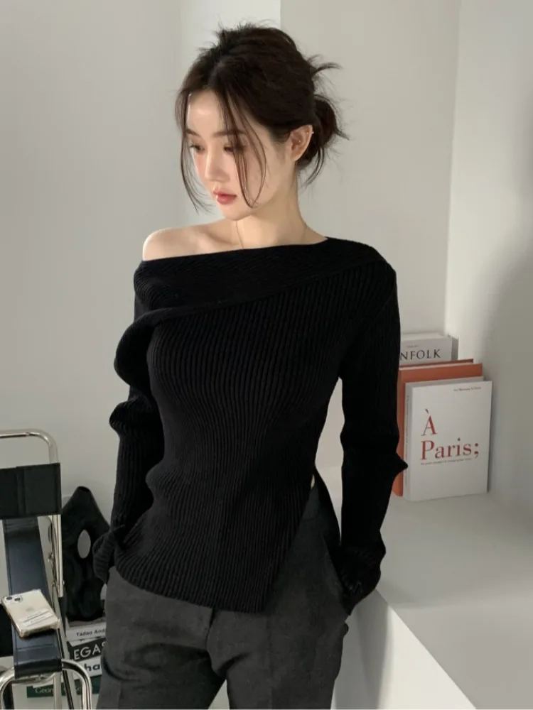 

Chic Autumn Knitted Long Sve Asymmetrical oulder Design Slimming Split Knitwear Simple Sle Commute Faion for Young W...