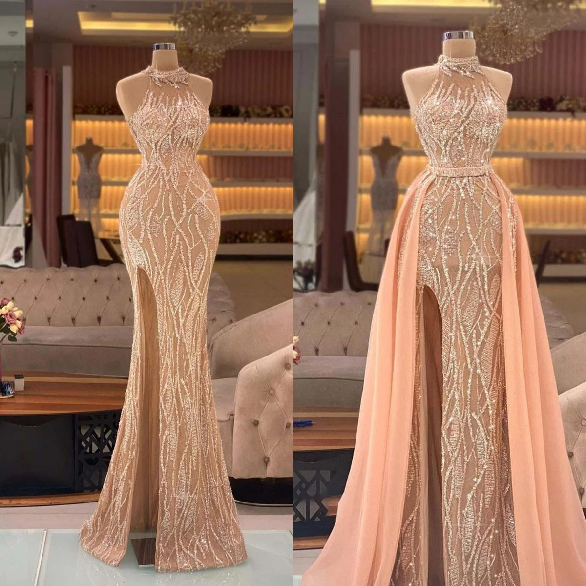 

Gorgeous Halter Evening Dresses Sleeveless Front Slit Detachable Train Prom Gowns Sequins Birthday Party Customized