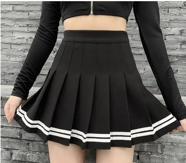 

Students School Preppy High Waist A-Line Girls Two Striped Stitching Sailor Pleated Skirt Dance Zipper Skirt