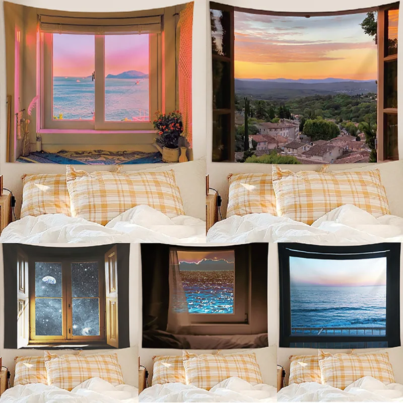 VIKAMA Moon Night Window Wall Tapestry Sea View Pink Room Bookshelf Wall Hanging Backdrop for Bedroom Decoration