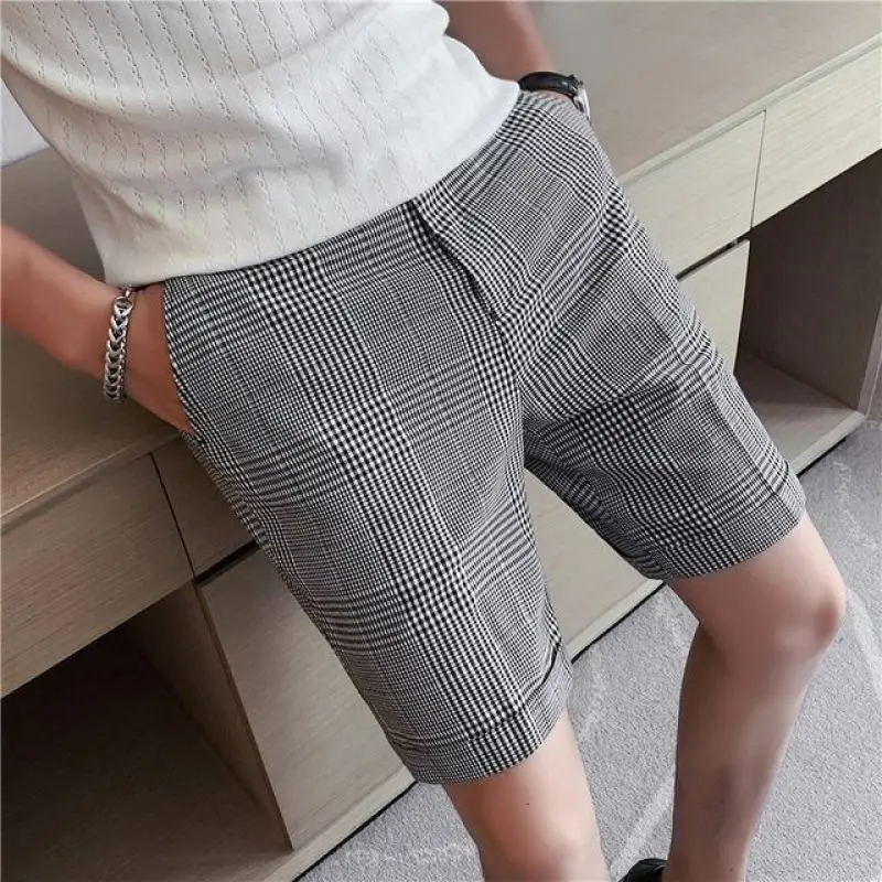 2024 Zomer Mode Britse Stijl Hoge Taille Slim Fit Duizend Vogel Raster Bedrukt Met Knoop Zak Casual Losse Knielengte Korte Broek