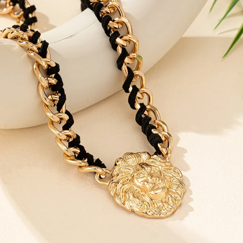 2PCS Fashion Lion Head Necklace Earrings for Women Party Punk Jewelry Set Female Gold Color Geometric Ear Accessories