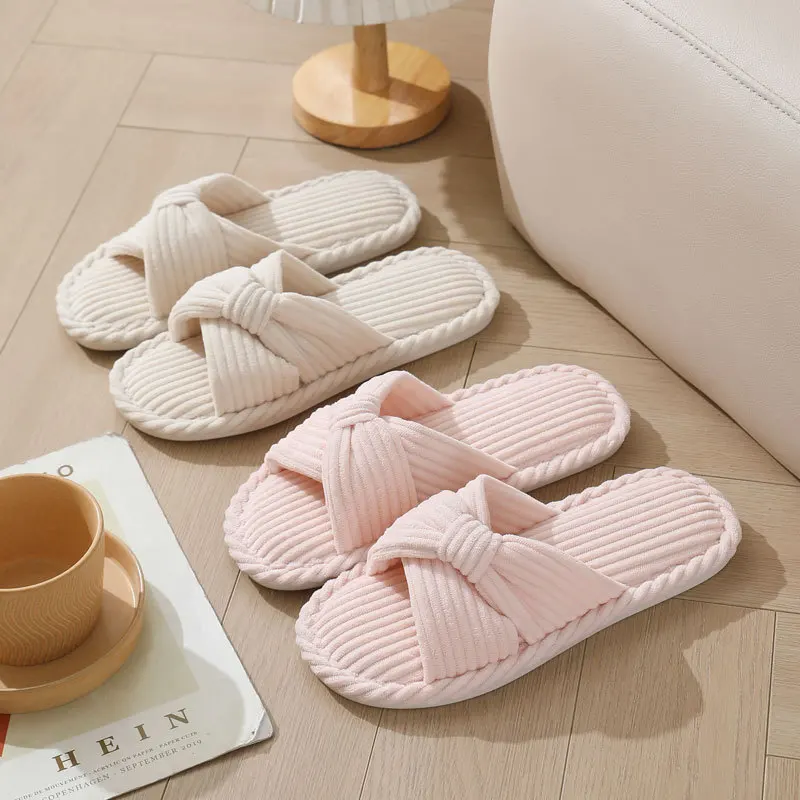 

Corduroy Cross Strap Home Slippers for Women Open Toe Non Slip Cotton Indoor Shoes Woman Lightweight Comfort Bedroom Slippers