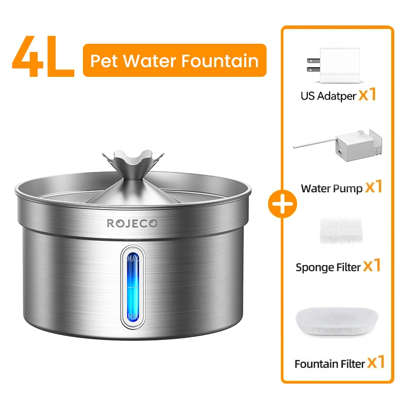 ROJECO Roestvrijstalen drinkfontein voor huisdieren Auto Cat Waterfontein Slimme waterdispenser voor huisdieren met pomp voor hond Kat drinkbak