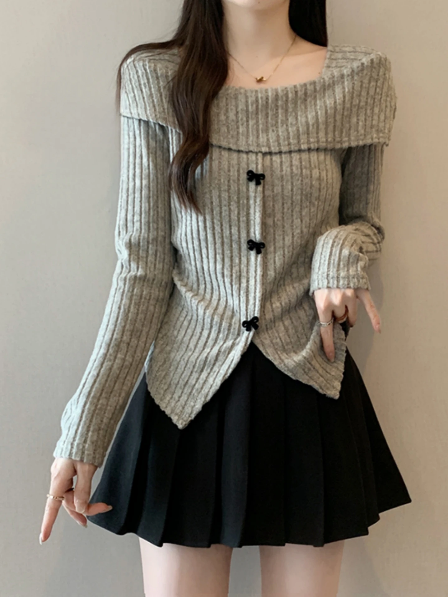Knitted One-Shoulder Long Sleeve Base Shirt Women's Spring Autumn plus Size  Knot Short Top Comfortable Soft Korean ...