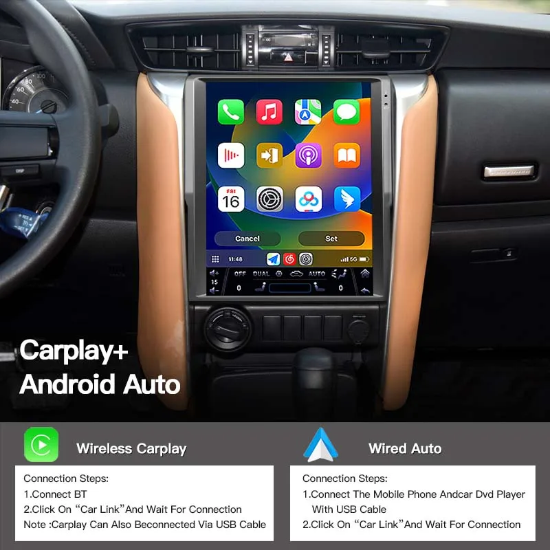 12.1\'\' Android14 Vertical Screen Car Radio Multimedia Player GPS Navi Stereo For Toyota Fortuner 2016-2021 Carplay BT 4G Auto