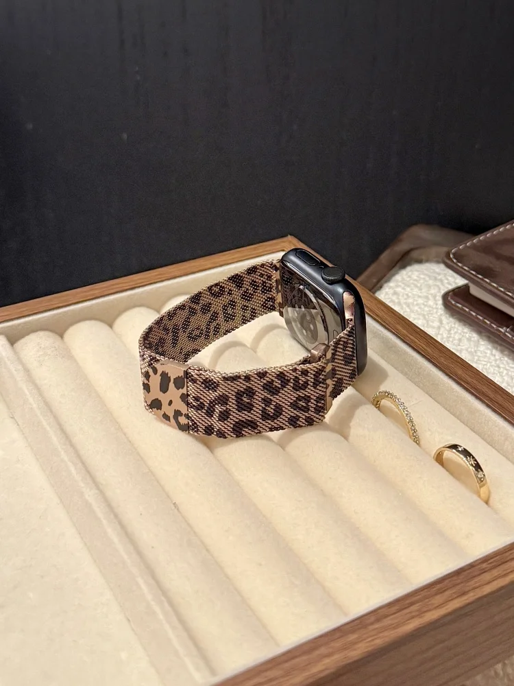 Leopard Milanese Metal Strap for Apple Watch Band 38/42 S10/11 42/46mm Magnetic Wristband for Iwatch 40/41/44/45/49Ultra
