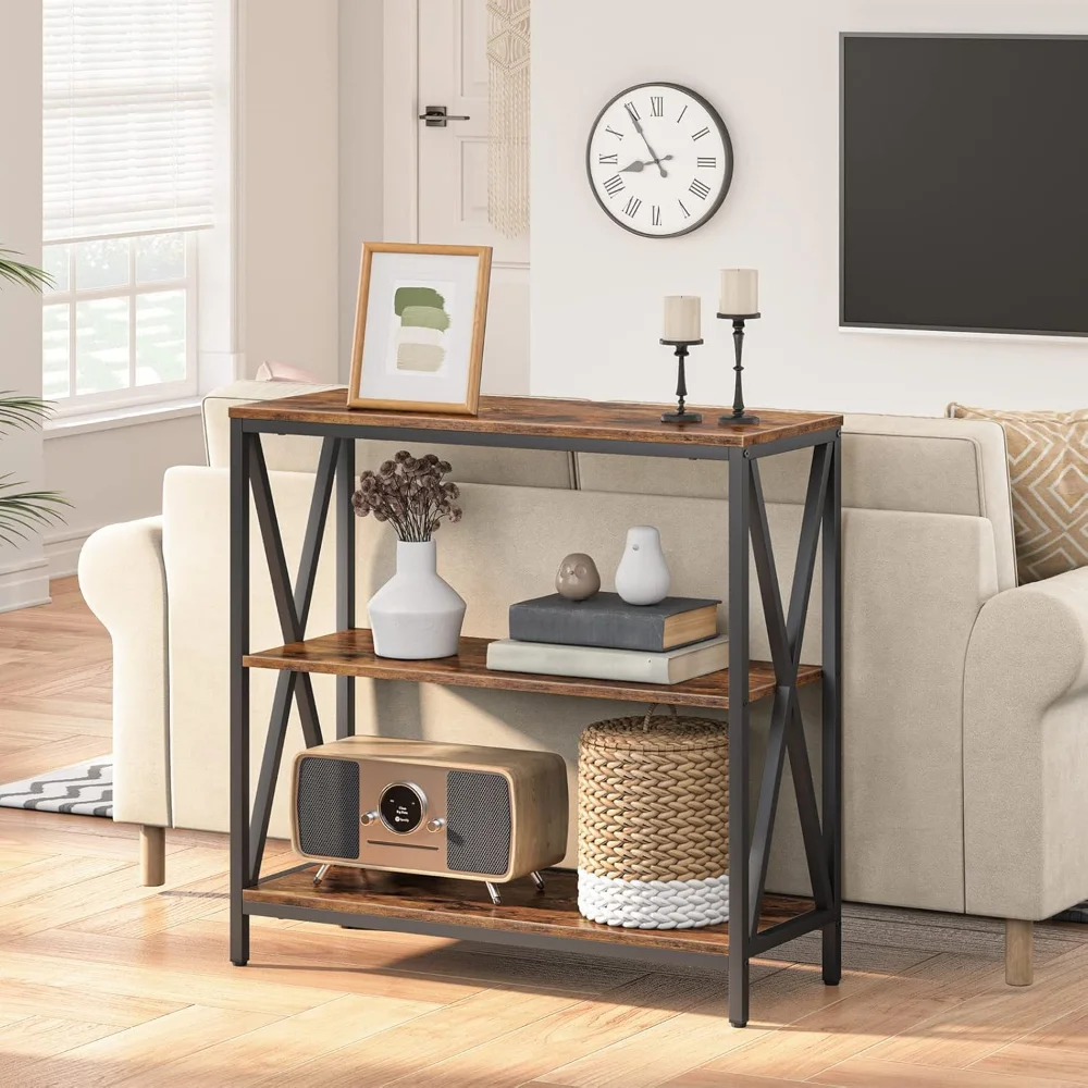 Sofa Table, Industrial Console, 3-Tier Narrow Side Tables with Open Shelves, Foyer Tables for Entryway, Sofa Table