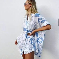 Home Suit Clothes New Casual Women's Short Pants Outfits Pattern Printed Lapel Tops + Elastic Waist Shorts Loose Mini Shorts Set