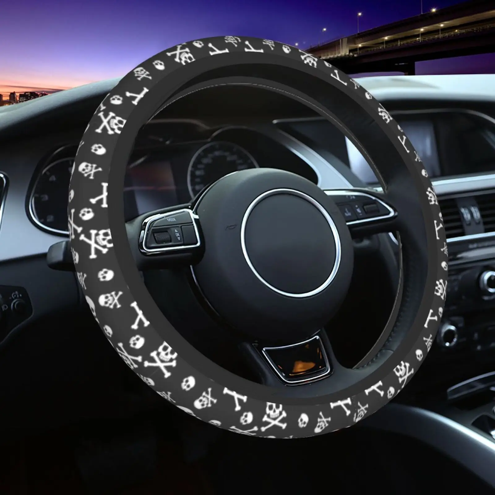 Skull Bones Print Steering Wheel Cover Anti-Slip Uv and Sun Protection Universal Fit 15 Inch Car Wheel Protector for Women Men