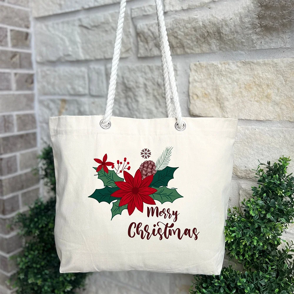 

1pcs Merry Christmas Tote Bag Reusable Natural Beige Canvas Grocery Shopping Shoulder Bag Flower Christmas Family Party Gift