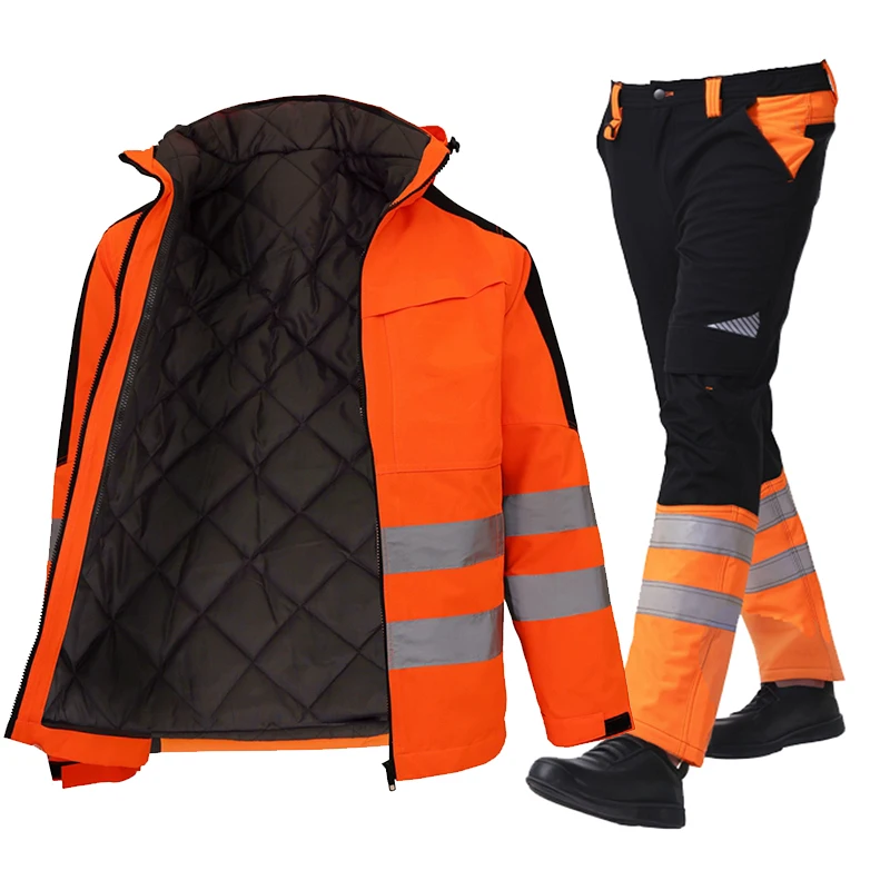 Winter Labor Protection Work Clothes with Reflective Stripes Safety Reflective Jacket Men and Hivis Pants Set