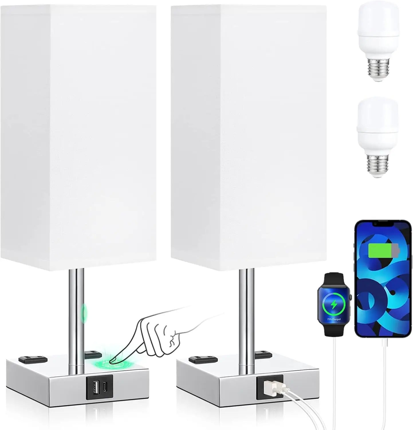 

2-Pack Touch-Control Nightstand Lamp with USB-C & USB-A, AC Outlet, 3-Way Dimmable, White Fabric Shade, Bulb Included