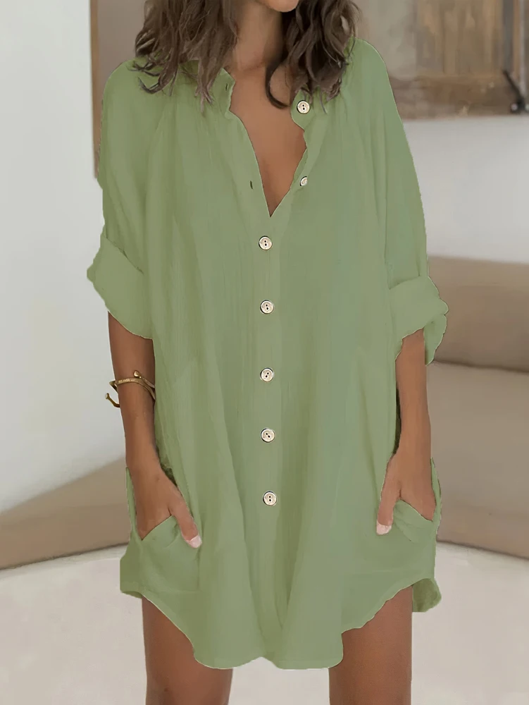 قميص نسائي أنيق مقاس كبير بلون سادة ورقبة على شكل حرف V وزر سادة قميص كاجوال بصف واحد وزر بلون سادة كاجوال فضفاض #5