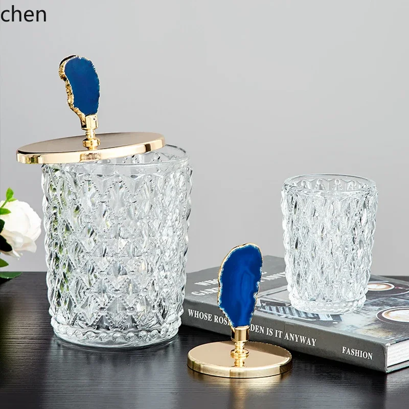 DSACrystal Glass Candy Jar Living Room Model Room Coffee Table Storage Agate Storage Jar Creative Cotton Swab Jar