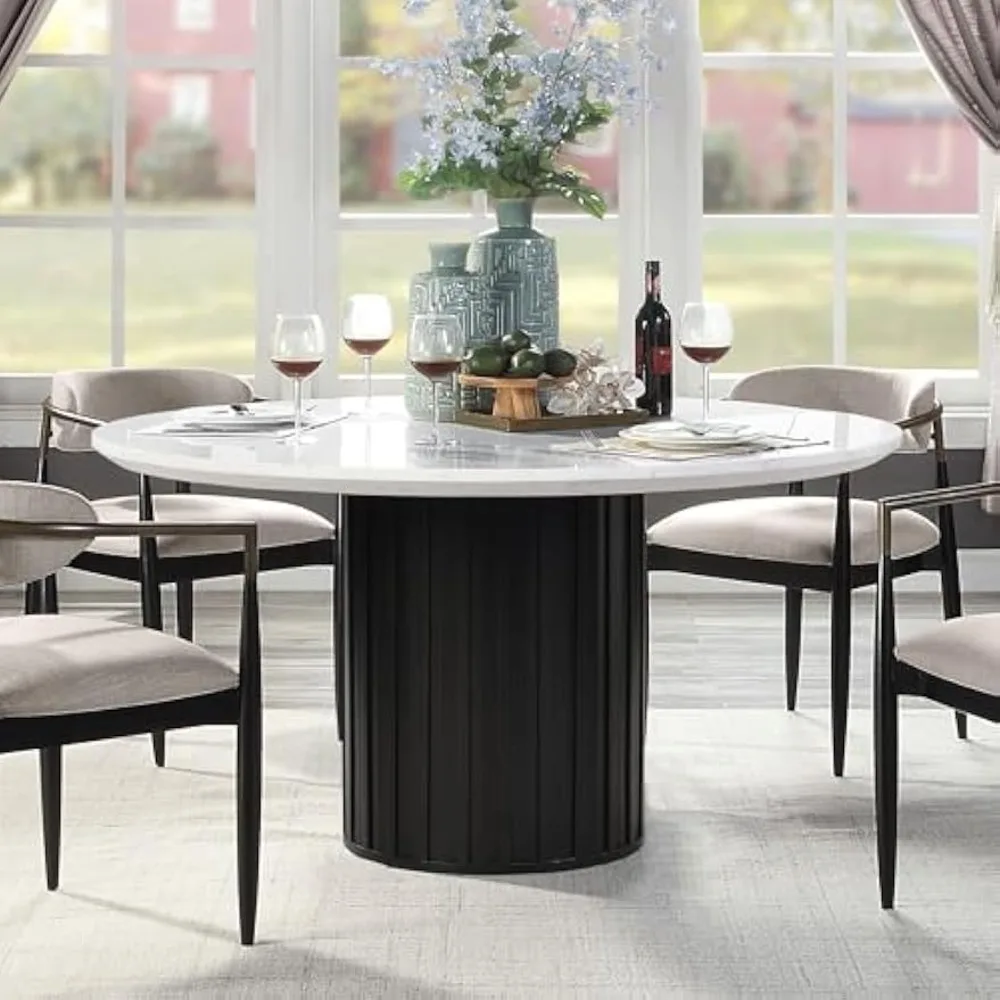 

54 Inch Modern Kitchen Table, Suitable for 4 To 6 People, Medieval Round Wooden Table with Engineered Marble Tabletop