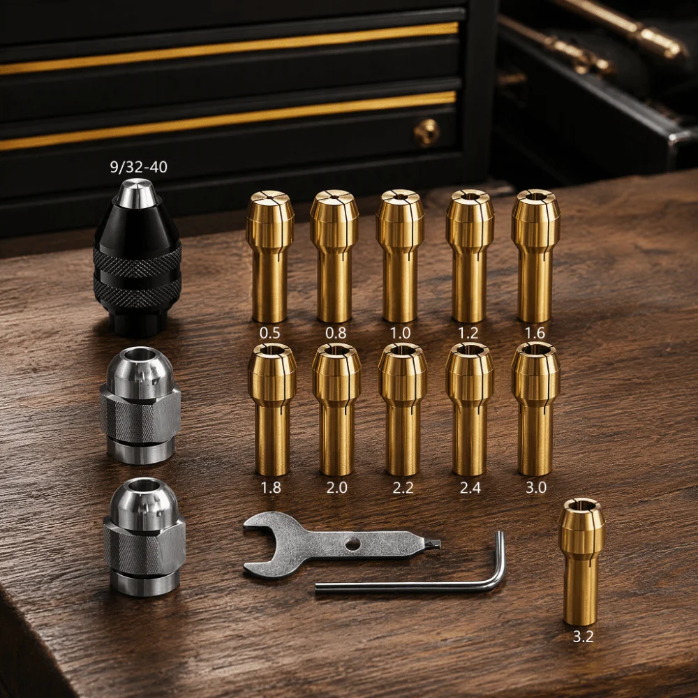 16-Piece Rotary Tool Chuck Set 0.8-3mm Shank Brass Chuck Drill Bit Adapter Kit Metal Nuts Keyless Design Three-Jaw Chuck Set